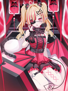 1girl absurdres arm_up bat_wings belt blonde_hair blood blood_bag blush center_frills coffin collar detached_collar dot_nose dress ear_piercing eyepatch fang frilled_collar frilled_cuffs frilled_skirt frills hair_ornament hairclip highres multicolored_hair nail_polish one_eye_covered open_mouth original pale_skin piercing pillow pointy_ears red_dress red_eyes red_hair red_nails skin_fang skirt sleeveless sleeveless_dress solo streaked_hair tail twintails wanko_(yurika0320) wings wrist_cuffs