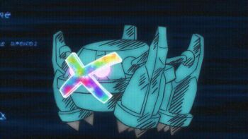 1other animated animated_gif claws full_body gen_3_pokemon glowing glowing_eyes metagross nintendo no_humans pokemon pokemon_(anime) pokemon_(creature) pokemon_focus pokemon_horizons pun red_eyes simple_background solo