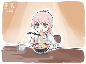 Rule 34 | 1girl, bang dream!, bang dream! it's mygo!!!!!, chihaya anon, chopsticks, commentary request, cup, eating, food, grey eyes, long hair, lyy, noodles, pink hair, ponytail, ramen, shirt, solo, three-quarter sleeves, white shirt