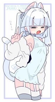 1boy :d animal_ear_fluff animal_ears arched_back armpits bare_shoulders black_bra black_panties blunt_bangs bow bra bulge cat_boy cat_ears cat_tail choker collarbone commentary covered_navel cowboy_shot crossdressing crossdressing_(mtf) dress ear_piercing eve_(op_na_yarou) extra_ears fang from_side fur-trimmed_jacket fur_trim garter_straps grey_bow grey_choker grey_eyes grey_thighhighs hair_intakes hair_tie hand_up highres jacket light_blush long_sleeves looking_at_viewer male_focus medium_hair microdress mole mole_under_eye multicolored_thighhighs narrowed_eyes no_nose notched_ear off_shoulder op_na_yarou open_clothes open_jacket open_mouth original panties piercing see-through_clothes see-through_dress sidelocks simple_background skin_fang sleeveless sleeveless_dress smile smug solo standing striped_clothes striped_thighhighs tail thighhighs thighs trap two-tone_thighhighs two_side_up underwear v v-shaped_eyebrows watermark white_background white_dress white_hair white_jacket white_thighhighs