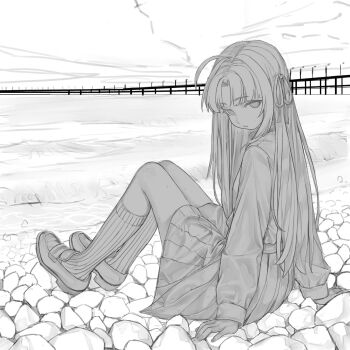 1girl ahoge awa_subaru beach black_hair bridge brown_shoes closed_mouth commentary curtained_hair dot_nose expressionless eyebrows_hidden_by_hair full_body girls_band_cry greyscale hair_ribbon hands_on_ground head_tilt highres jitome kneehighs loafers long_hair long_sleeves looking_at_viewer medium_eyebrows mole monochrome naruto_maki_(naruto05) night ocean on_rocks outdoors parted_bangs pinstripe_socks pleated_skirt ribbon rock school shirt shirt_tucked_in shoes sidelocks sitting sketch skirt socks solo translucent_hair unfinished