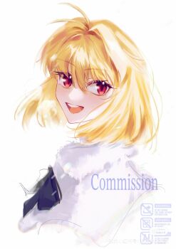 Rule 34 | 1girl, :d, ahoge, arcueid brunestud, black bow, blonde hair, blush, bow, cape, capelet, floating hair, hair intakes, highres, looking at viewer, official alternate costume, open mouth, pppeipeipipi, profile, red eyes, short hair, smile, tsukihime, tsukihime (remake), white cape