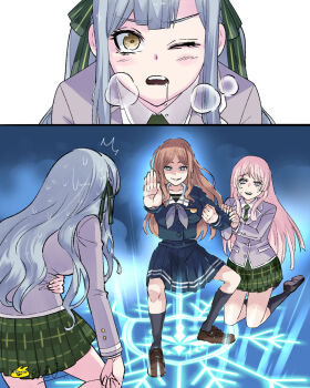 3girls bang_dream! bang_dream!_it&#039;s_mygo!!!!! black_shoes black_socks blue_hair blue_shirt blue_skirt breasts brown_hair chinese_commentary commentary_request green_necktie green_ribbon green_skirt grey_jacket hair_ribbon haneoka_school_uniform heart heart-shaped_pupils highres jacket kimetsu_no_yaiba kneeling large_breasts long_hair looking_at_another multiple_girls nagasaki_soyo necktie one_eye_closed open_mouth pink_hair pleated_skirt ribbon scene_reference school_uniform shirt shoes sidelocks skirt socks sweat symbol-shaped_pupils togawa_sakiko tsukinomori_school_uniform tu_zaizi