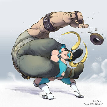 1boy 1girl abigail_(final_fight) ass battle blonde_hair blue_bodysuit bodysuit breasts cleavage cleavage_cutout closed_eyes closed_mouth clothing_cutout green_pants green_tank_top large_breasts muscular muscular_male pants quasimodox rainbow_mika size_difference street_fighter street_fighter_v tank_top thigh_cutout twintails