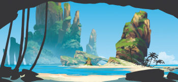 beach commentary day english_commentary island landscape lorenzo_lanfranconi mountain no_humans ocean original painterly palm_tree rock scenery shore tree tropical