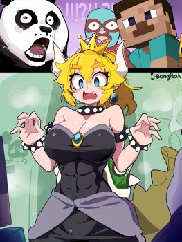 ! !! !? 1girl 3boys absurdres animal_ears aqua_shirt armlet artist_name bare_shoulders black_dress black_fur blonde_hair blue_eyes bongftah bowsette bracelet breasts brooch brown_hair cleavage collar crossover dress earrings furry furry_male hands_up highres horns jewelry kung_fu_panda large_breasts long_dress mario_(series) minecraft minecraft_(style) multiple_boys multiple_crossover nacho_libre nacho_libre_(character) nintendo open_mouth panda_boy panda_ears po_(kung_fu_panda) ponytail purple_eyes sharp_teeth shirt short_hair sphere_earrings spiked_armlet spiked_bracelet spiked_collar spiked_shell spiked_tail spikes steve_(minecraft) strapless strapless_dress super_crown tail teeth topless_male trait_connection turtle_shell two-tone_fur upper_body v-neck voice_actor_connection white_fur