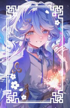 Rule 34 | 1girl, absurdres, blue eyes, blue hair, blush, commentary request, datsha, fireworks, furina (genshin impact), genshin impact, grey kimono, hair between eyes, highres, holding, holding fireworks, japanese clothes, kimono, korean commentary, long hair, multicolored hair, smile, solo, streaked hair, teeth, white hair