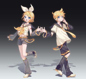 1boy 1girl arm_tattoo bangs_pinned_back bass_clef belt black_background black_sailor_collar black_shorts black_sleeves blonde_hair blue_eyes blush bow closed_mouth clothes_writing crop_top detached_sleeves eob frilled_shirt frills full_body gradient_background grey_background hair_bow hair_ornament hairclip hand_on_own_cheek hand_on_own_face headphones headset highres kagamine_len kagamine_rin leg_up leg_warmers looking_at_viewer midriff nail_polish navel neckerchief necktie number_tattoo open_mouth ponytail sailor_collar shadow shirt short_hair short_ponytail short_shorts shorts sidelocks simple_background sleeveless sleeveless_shirt smile spiked_hair standing standing_on_one_leg tattoo teeth treble_clef upper_teeth_only vocaloid white_bow wide_sleeves yellow_belt yellow_nails yellow_neckerchief yellow_necktie