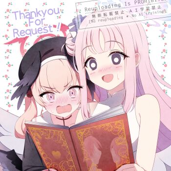 2girls black_eyes blue_archive blush book commentary_request commission empty_eyes english_text feathered_wings furisuku_(gerbera) halo hat highres holding holding_book koharu_(blue_archive) mika_(blue_archive) multiple_girls pink_eyes pink_hair pornography reading_together skeb_commission wings