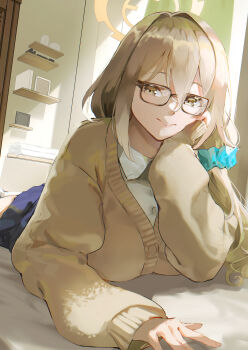 1girl absurdres akane_(blue_archive) akane_(school_uniform)_(blue_archive) blue_archive blue_scrunchie blue_skirt breasts brown-framed_eyewear brown_cardigan brown_eyes brown_hair brown_halo cardigan closed_mouth collared_shirt glasses hair_ornament hair_scrunchie halo head_rest highres indoors large_breasts long_hair lying on_bed on_stomach ponytail rectangular_eyewear scrunchie shirt skirt smile solo tsutsumikisaki white_shirt