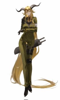 1girl absurdly_long_hair animal_ears arknights black_gloves degenbrecher_(arknights) full_body gloves goat_ears goat_horns highres horns long_hair looking_at_viewer military_uniform nate71762013 necktie sheath sheathed solo very_long_hair white_background