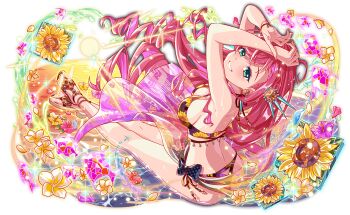 alternate_costume alternate_hairstyle anklet arm_over_head arms_up artist_request bare_arms bare_legs bare_shoulders beach bikini black_bow blue_outline blush bow bow_bikini breasts cel_shading closed_mouth crash_fever earrings floating_hair floral_print floral_print_bikini floral_print_sarong flower from_above from_behind full_body game_cg gaudi_(crash_fever) gem green_eyes hair_down half-closed_eyes head_tilt hibiscus jewelry large_breasts light_rays long_hair looking_at_viewer number_print numbered official_alternate_costume official_alternate_hairstyle official_art outdoors outline partially_submerged pink_flower pink_gemstone pink_petals pink_sarong plumeria polka_dot polka_dot_bow print_bikini print_sarong red_outline sandals sarong see-through_clothes see-through_sarong side-tie_bikini_bottom sideboob smile solo spaghetti_strap square square_print sun sunbeam sunflower sunlight sunset swept_bangs swimsuit tachi-e teeth third-party_source toenails toes transparent_background very_long_hair water water_drop wet white_flower white_petals yellow_flower yellow_petals