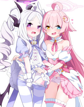 2girls absurdres ahoge alternate_costume black_horns black_wings blue_archive blue_eyes blush bow bow_panties breasts clothes_lift clothes_pull cosplay crescent crescent_hair_ornament demon_girl demon_horns dress dress_lift drill_hair earrings flying_sweatdrops gloves hair_flaps hair_ornament hairclip halo heart heterochromia highres hina_(blue_archive) horns hoshino_(blue_archive) jewelry lifting_another's_clothes long_hair looking_at_viewer low_wings multiple_girls open_mouth orange-bird panties pantyhose pantyhose_pull parallel_hairclips pink_hair pink_halo polka_dot polka_dot_panties puffy_short_sleeves puffy_sleeves purple_eyes purple_halo purple_pantyhose reisa_(blue_archive) reisa_(blue_archive)_(cosplay) reisa_(magical)_(blue_archive) short_sleeves simple_background small_breasts suzumi_(blue_archive) suzumi_(blue_archive)_(cosplay) suzumi_(magical)_(blue_archive) thighhighs twin_drills underwear very_long_hair white_background white_gloves white_hair white_panties white_thighhighs wings yellow_eyes