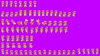 1girl amazon_(gotta_protectors) amazon_(mamotte_knight) armor ass back backflip bikini bikini_armor boots breasts female_focus flower flower_on_head gotta_protectors gotta_protectors_:_amazon&#039;s_running_diet highres kicking medium_breasts minna_de_mamotte_knight navel pink_hair pixel_art plump running short_hair solo sprite_sheet stretching swimsuit thighs thong