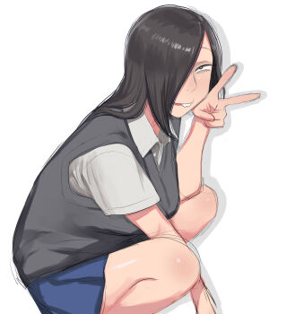 1girl absurdres black_hair buck_teeth earrings hair_over_one_eye highres jewelry koma_neko long_hair original plaid_clothes plaid_skirt samejima_yoruko sanpaku school_uniform simple_background skirt solo sweater_vest teeth v white_background