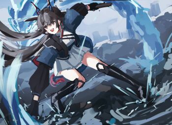 1girl arknights arknights:_endfield black_boots black_gloves black_hair blue_horns blue_tail boots breasts chen_qianyu_(arknights) commentary dragon_girl dragon_horn dragon_horns dragon_tail dress dual_wielding eastern_dragon_horns full_body gloves highres holding holding_sword holding_weapon horns jacket long_hair long_sleeves miniskirt open_clothes open_jacket open_mouth red_tail renakohii skirt smile solo sword tail teeth twintails upper_teeth_only very_long_hair weapon white_skirt