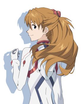 Rule 34 | 1girl, absurdres, blue eyes, bodysuit, closed mouth, commentary, english commentary, evangelion: 3.0+1.0 thrice upon a time, hair between eyes, highres, interface headset (evangelion), long hair, looking at viewer, mecha pilot suit, neon genesis evangelion, orange hair, plugsuit (evangelion), rebuild of evangelion, simple background, smile, solo, souryuu asuka langley, tapiokaesi, two side up, white bodysuit