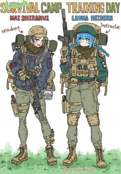 2girls alternate_costume ammunition_pouch assault_rifle belt blue_eyes blue_hair boots braid brown_boots brown_hair bulletproof_vest camping character_name combat_boots english_text female_focus full_body gloves grass gun handgun hat highres holding holding_gun holding_weapon holster leona_heidern load_bearing_vest magazine_(weapon) matching_hair/eyes military_uniform multiple_girls pouch rifle shiranui_mai the_king_of_fighters thigh_strap training twin_braids weapon zuratan