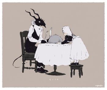 1boy 1girl black_fur black_vest body_fur brown_background chair child commentary_request fork full_body furry furry_male holding holding_fork holding_knife holding_tray horns juliet_sleeves knife long_sleeves looking_at_another maid maid_headdress nagabe puffy_sleeves sensei_(totsukuni_no_shoujo) serving_dome shiva_(totsukuni_no_shoujo) short_hair simple_background sitting skirt stool table tail totsukuni_no_shoujo tray vest white_eyes white_hair white_skirt