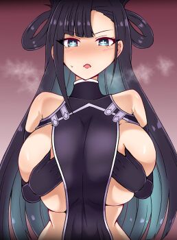Rule 34 | + +, 1girl, alternate eye color, black hair, black tabard, blue eyes, blush, breasts, bright pupils, colored inner hair, covering breasts, covering privates, cross-shaped pupils, elbow gloves, gloves, hair horns, hair rings, highres, huge breasts, kuniruri natsuki, large breasts, long hair, mole, multicolored hair, naked tabard, nue no onmyouji, open mouth, piroman, single breast curtain, solo, star-shaped pupils, star (symbol), symbol-shaped pupils, tabard