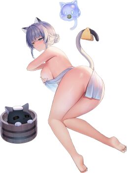 1girl 1other amase_chihiro amase_chihiro_(testing_the_water) animal_ears ass black_tail bow breasts bucket cat_ears cat_girl cat_tail chipy feet food from_behind fruit furry gradient_tail grey_tail hair_bun hand_on_own_chest highres holding holding_food holding_fruit large_breasts looking_at_viewer naked_towel non-web_source official_alternate_hairstyle poker_fate sideboob solo_focus tail tail_bow tail_ornament thighs towel towel_on_head transparent_background water white_hair wooden_bucket yellow_bow
