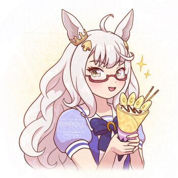 1girl :d ahoge animal_ears atom_palace banana banana_slice biwa_hayahide_(umamusume) blue_bow blush bow brown_eyes commentary crepe cropped_torso english_commentary food fruit glasses grey_hair hands_up highres holding holding_food horse_ears long_hair looking_at_viewer open_mouth puffy_short_sleeves puffy_sleeves purple_shirt red-framed_eyewear school_uniform semi-rimless_eyewear shirt short_sleeves smile solo tracen_school_uniform umamusume under-rim_eyewear upper_body very_long_hair watermark white_background