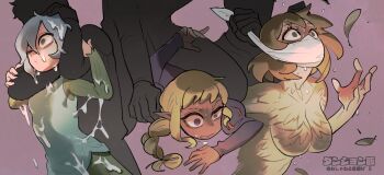 1girl 4boys arm_around_neck arm_behind_back asphyxiation bags_under_eyes blonde_hair braid braided_ponytail breasts broken_arm brown_eyes cloth_gag dark-skinned_male dark_skin dungeon_meshi elf eyelashes falin_touden falin_touden_(chimera) feathers furrowed_brow gag gagged gagging grey_eyes grey_hair hair_between_eyes hair_rings hand_on_another's_arm hand_up hands_up improvised_gag inset juliet_sleeves kabru laios_touden large_breasts light_brown_hair liquid long_hair long_sleeves looking_afar looking_away looking_up lying mithrun monster_girl multiple_boys multiple_views nude on_stomach out_of_frame pants partially_colored pointy_ears puffy_sleeves purple_background purple_eyes restrained robe saliva shaded_face short_hair sidelocks siivo simple_background single_braid sitting sitting_on_person spoilers straddling strangling surprised sweat thistle_(dungeon_meshi) uneven_eyes wet wet_hair wide_shot