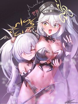 !? 2girls absurdres alternate_costume bat_hair_ornament behind_another bikini black_bikini black_hat blue_archive blush breast_lift breasts brown_halo cheek_press cleavage closed_eyes commentary_request crossed_bangs demon_tail elbow_gloves eri_(blue_archive) fingerless_gloves gloves grabbing_another's_breast grabbing_from_behind groping hair_ornament hair_over_one_eye halo hat highres kanoe_(blue_archive) korean_commentary long_hair multiple_girls navel open_mouth peaked_cap side_halo signature smile solharuu surprised swimsuit tail tilted_halo white_hair