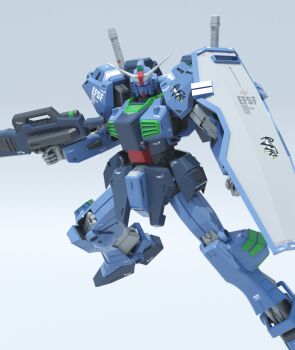 3d beam_rifle color_variation commentary_request earth_federation earth_federation_space_forces energy_gun gassan_(7nan8ku) gradient_background gundam gundam_mk_ii highres machinery mecha mecha_focus mobile_suit no_humans original purple_eyes realistic redesign robot roundel science_fiction shield v-fin weapon