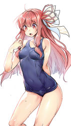 1girl ajishio arm_behind_back blue_one-piece_swimsuit bow breasts cleavage collarbone covered_navel female_focus hair_between_eyes hair_bow hair_ribbon kotonoha_akane long_hair one-piece_swimsuit open_mouth pink_hair red_eyes red_ribbon ribbon school_swimsuit simple_background small_breasts solo standing swimsuit very_long_hair voiceroid wet white_background white_bow