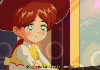 1990s_(style) 1girl animal_print belt boots braid breasts brenni_murasaki chaps cow_print cowboy_hat cowgirl_(western) english_text green_eyes hat jessie_the_yodeling_cowgirl long_hair long_sleeves print_chaps red_hair retro_artstyle scene_reference short_hair single_braid toy_story toy_story_2 yoke_(clothing)