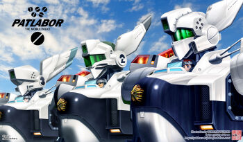 1boy 2girls alphonse_(av-98_ingram) artist_name assault_visor av-98_ingram av-98_ingram_unit_2 black_eyes black_hair blue_eyes blue_sky brown_hair buchi_holes cloud cloudy_sky commentary_request copyright_name day green_visor izumi_noa kanuka_clancy kidou_keisatsu_patlabor kouzui mecha mecha_focus multiple_girls oota_isao outdoors police radio_antenna robot science_fiction sky twitter_username upper_body watermark web_address