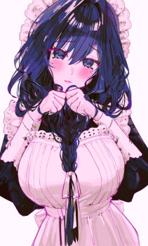 1girl apron black_dress black_hair blue_eyes blue_hair blush braid breasts clenched_hands closed_mouth colored_lineart commentary dress english_commentary hair_intakes hair_ribbon hands_up highres hololive hololive_english large_breasts long_hair long_sleeves looking_at_viewer maid maid_headdress ouro_kronii ouro_kronii_(maid) own_hands_together pink_lips raised_inner_eyebrows ribbon shy simple_background smile twin_braids twintails virtual_youtuber wavy_hair waytok white_apron white_background white_ribbon