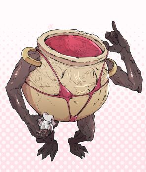 1other elden_ring fewer_digits halftone halftone_background hand_up holding iron_fist_alexander ironna_r living_jar_(elden_ring) no_humans one-piece_swimsuit pink_background pinky_out red_one-piece_swimsuit red_slingshot_swimsuit slingshot_swimsuit solo standing swimsuit what