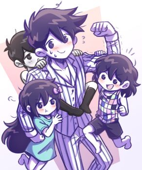 1girl 3boys absurdres antenna_hair aubrey_(headspace)_(omori) aubrey_(omori) barefoot black_eyes black_hair black_shorts black_socks blue_pajamas blue_pants blush bow bright_pupils brothers checkered_clothes collarbone collared_pajamas colored_skin commentary double-parted_bangs english_commentary flying_sweatdrops hair_between_eyes hair_bow hero_(headspace)_(omori) hero_(omori) highres kel_(headspace)_(omori) kel_(omori) kneehighs long_hair looking_at_viewer multiple_boys omori omori_(omori) pajamas pants pink_bow pout purple_eyes purple_hair setosexual short_hair shorts siblings sidelocks socks striped_clothes striped_pajamas striped_pants sweat two-tone_pajamas two-tone_pants vertical-striped_clothes vertical-striped_pajamas vertical-striped_pants white_pajamas white_pants white_pupils white_skin