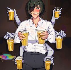 Rule 34 | 1girl, alcohol, beer, beer glass, black hair, blush, bra, bra visible through clothes, censored, chainsaw man, collarbone, collared shirt, commentary, dark background, english commentary, extra arms, eyepatch, green eyes, highres, himeno (chainsaw man), indoors, long sleeves, looking at viewer, mosaic censoring, open collar, pants, rainbow, see-through, see-through shirt, shirt, short hair, smile, solo, sparkle, sweat, sweaty clothes, underwear, vomit, white shirt, yuqi non