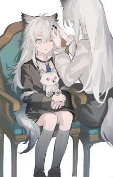 Rule 34 | 2girls, aged down, animal ears, arknights, black jacket, chair, chinese commentary, commentary request, grey eyes, grey hair, grey socks, grey tail, hair ornament, hairclip, hands in another's hair, highres, holding, holding stuffed toy, jacket, kneehighs, lappland's mother (arknights), lappland (arknights), long hair, long sleeves, looking at another, mother and daughter, multiple girls, on chair, one eye closed, parted lips, second (byou), shirt, simple background, sitting, socks, stuffed animal, stuffed toy, stuffed wolf, tail, white background, white shirt, wolf ears, wolf girl, wolf tail