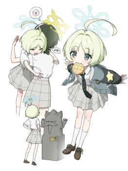 +++ 2girls absurdres ahoge ankle_socks b1026 blue_archive blue_halo bread brown_shoes collared_shirt commentary_request diagonal-striped_clothes diagonal-striped_necktie food food_in_mouth fuyu_(blue_archive) green_eyes green_hair green_halo green_jacket green_necktie grey_skirt halo highres hug huge_ahoge jacket korean_text letterman_jacket melon_bread multiple_girls multiple_views necktie ritsu_(blue_archive) school_uniform shirt shoes short_hair short_sleeves simple_background skirt socks speech_bubble spoken_expression star_(symbol) star_print statue striped_clothes translation_request white_background white_shirt white_socks