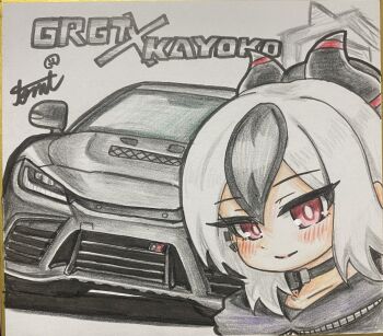 1girl absurdres black_choker black_hair black_hoodie black_horns blue_archive blush car choker closed_mouth collarbone commentary_request demon_girl demon_horns grey_car grey_halo halo highres hood hood_down hoodie horns kayoko_(blue_archive) looking_at_viewer mole mole_on_collarbone motor_vehicle multicolored_hair ponytail red_eyes shikishi smile solo tomimon toyota toyota_gr_gt traditional_media two-tone_hair white_hair