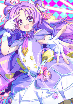 Rule 34 | 1girl, :d, abstract background, absurdres, ahoge, akechi anna, back bow, blue eyes, blush, bow, brooch, buttons, capelet, commentary request, cowboy shot, cure answer, dot nose, double-breasted, double bun, dress, finger to face, fingerless gloves, fingernails, glove bow, gloves, hair bun, hair intakes, hair ornament, heart, heart brooch, highres, jewelry, kakasi8922, layered dress, long hair, looking at viewer, magical girl, meitantei precure!, open mouth, outstretched hand, pact holder, precure, purple bow, purple capelet, purple dress, purple hair, purple nails, purple theme, smile, solo, standing, white gloves, yellow bow
