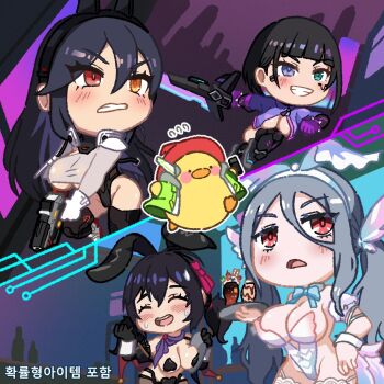 4girls animal_ears bird black_hair black_leotard blush_stickers breasts brown_dust_(series) brown_dust_2 brown_eyes chibi chibi_only circuit_board_print cleavage clenched_teeth closed_eyes duck fake_animal_ears flying_sweatdrops gloves green_eyes green_jacket grey_hair groin gun hat heart_pasties holding holding_gun holding_sword holding_weapon jacket leotard levia_(brown_dust) loen_(brown_dust_2) loen_(celebrity_bunny)_(brown_dust_2) long_hair luvencia_(brown_dust) mascot mechanical_arms mechanical_legs medium_hair morpeah_(brown_dust) multiple_girls navel neowiz neowiz_duck official_art pasties purple_eyes purple_gloves purple_hair purple_jacket rabbit_ears red_eyes red_hat reverse_bunnysuit reverse_outfit running second-party_source single_mechanical_arm skyline split_screen standing standing_on_one_leg sweatdrop sword teeth thighhighs twintails underboob unzipped weapon white_leotard white_thighhighs
