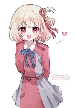 1girl :d arms_behind_back artist_name blonde_hair blue_bow blue_bowtie blush bow bowtie commentary cowboy_shot dress grey_dress hair_ribbon heart highres jacket long_sleeves looking_at_viewer lycoris_recoil lycoris_uniform nishikigi_chisato one_side_up open_mouth red_eyes red_jacket red_ribbon ribbon short_hair simple_background smile solo symbol-only_commentary watermark white_background yukomeow