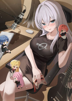 Rule 34 | 5girls, absurdres, black dress, blue eyes, bocchi the rock!, breasts, chair, character request, chibi, clothes writing, commentary, crossed legs, dress, electric guitar, gotoh hitori, guitar, highres, holding, holding mask, ijichi nijika, instrument, kita ikuyo, large breasts, long hair, mask, microphone, multiple girls, silverrain 72, studio microphone, swivel chair, very long hair, white hair, yamada ryo