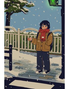 1girl backpack bag black_eyes black_hair black_pants black_shoes blush brown_coat closed_mouth coat commentary crosswalk crosswalk_sign fence hand_in_pocket highres long_sleeves original pants pillarboxed red_scarf scarf shoes sihyun25 sneakers snow snowing solo standing symbol-only_commentary tree