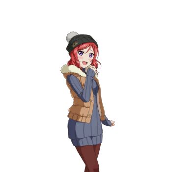 1girl :d beanie brown_pantyhose brown_vest coat dress feet_out_of_frame fur-trimmed_hood fur-trimmed_vest fur_trim hand_up hat hood knit_hat long_sleeves love_live! love_live!_school_idol_festival love_live!_school_idol_project medium_hair nishikino_maki official_alternate_costume official_art open_clothes open_mouth open_vest pantyhose pom_pom_(clothes) pom_pom_beanie purple_eyes red_hair ribbed_dress sleeveless sleeveless_coat sleeves_past_wrists smile standing sweater sweater_dress teeth transparent_background turtleneck turtleneck_sweater upper_teeth_only vest white_day_(love_live!) winter_clothes