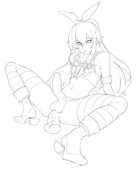 1boy anal anal_object_insertion ankle_boots bad_id bad_pixiv_id black_panties blonde_hair boots clothing_aside crop_top crossdressing crossdressing_(mtf) dildo doxy elbow_gloves erection foreskin genderswap genderswap_(ftm) gloves groin high_heels highres kantai_collection lineart lips long_hair male_focus male_masturbation male_penetrated masturbation midriff monochrome navel object_insertion panties panties_aside penis phimosis sex_toy shimakaze-kun shimakaze_(kancolle) solo squatting striped_clothes striped_thighhighs testicles thighhighs trap underwear