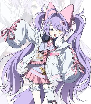 1girl :3 absurdres aran_sweater asymmetrical_legwear bag blue_eyes blue_sweater bow cable_knit commentary cowboy_shot cross-laced_clothes cross-laced_sleeves fang frilled_thigh_strap garter_straps hair_bow hair_ears hair_ornament hairclip hand_up headphones headphones_around_neck heart heart_hair_ornament heterochromia highres inari_(tenko_shibuki) jacket long_hair looking_at_viewer miniskirt mulook open_mouth orange_eyes parallel_hairclips parted_bangs pink_skirt pleated_skirt polka_dot polka_dot_thighhighs purple_hair single_thighhigh skirt sleeves_past_fingers sleeves_past_wrists smile solo standing stellive sweater symbol-only_commentary tail tenko_shibuki thigh_strap thighhighs twintails unbuttoned v-neck very_long_hair virtual_youtuber white_background white_garter_straps white_jacket white_thighhighs zoom_layer