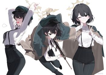 1girl 26duck black_eyes black_necktie blue_archive brown_halo coat coat_on_shoulders diagonal-striped_clothes diagonal-striped_necktie green_hat halo hat high-waist_pants highres hiromi_(blue_archive) necktie pants peaked_cap striped_clothes striped_necktie striped_pants vertical-striped_clothes vertical-striped_pants