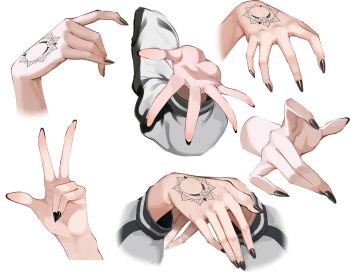 1girl absurdres agm black_nails bocchi_the_rock! commentary english_commentary hand_focus hand_tattoo highres hiroi_kikuri multiple_views palms simple_background tattoo w white_background