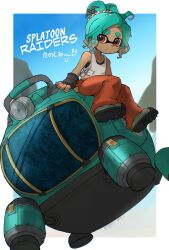 Rule 34 | 1girl, ag muscle, aqua hair, black gloves, border, commentary request, copyright name, fingerless gloves, gloves, highres, inkling, inkling girl, inkling player character, mechanic (splatoon raiders), medium hair, nintendo, orange eyes, orange pants, outside border, pants, shoes, short eyebrows, sitting, solo, splatoon (series), splatoon raiders, tentacle hair, thick eyebrows, translation request, white border